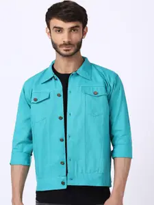VOXATI Men Blue Crop Denim Jacket with Embroidered