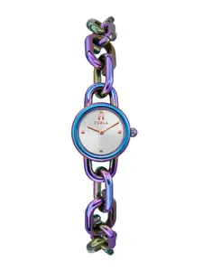 Furla Women Silver-Toned Mother of Pearl Dial & Neon Purple Stainless Steel Bracelet Style Straps Analogue Watch