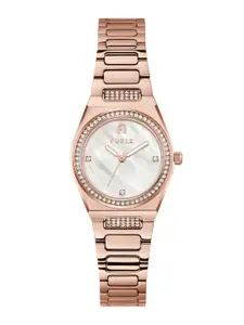 Furla Women White Embellished Dial & Rose Gold Toned Stainless Steel Bracelet Style Straps Digital Watch