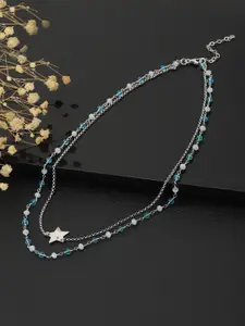 Carlton London Silver-Toned & Turquoise Blue Brass Rhodium-Plated Layered Necklace