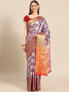 Silk Land Purple & Orange Floral Zari Tissue Heavy Work Kanjeevaram Saree