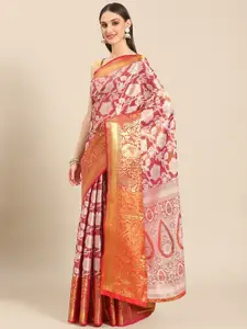 Silk Land Pink & White Floral Zari Tissue Heavy Work Kanjeevaram Saree