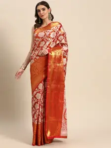 Silk Land Orange & White Floral Zari Tissue Heavy Work Kanjeevaram Saree