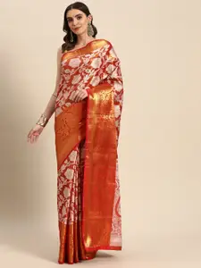 Silk Land Orange & White Floral Zari Tissue Heavy Work Kanjeevaram Saree