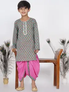 Little Bansi Boys Green Ethnic Motifs Printed Pure Cotton Kurta with Dhoti Pants