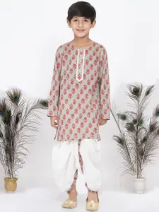 Little Bansi Boys Green Floral Printed Pure Cotton Kurta with Dhoti Pants