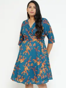 Amydus Blue & Orange Floral Wrap Dress