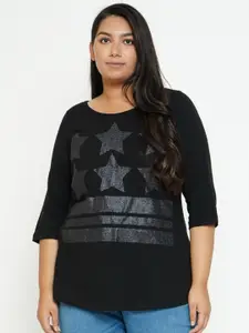 Amydus Women Plus Size Black & dark gunmetal Printed T-shirt