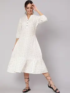 Nayo Women White Micro Ditsy Printed A-Line Midi Gathered Dress