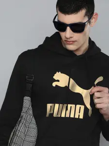 Puma Men Black Classics Metallic Logo Printed Regular Fit Hooded Sweatshirt
