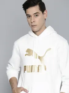 Puma Men White Printed Classics Metallic Hooded Regular Fit Sweatshirt