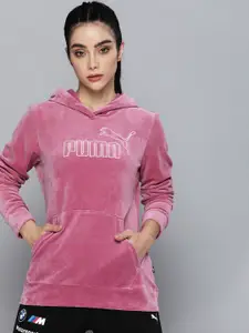 Puma Women Pink Brand Logo Embroidered Regular Fit Essential Velour Hooded Sweatshirt