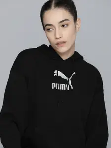 Puma Women Black Printed Brand Love Metallic Hoodie Sweatshirt