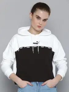 Puma Women White & Black Colourblocked Hooded Relaxed Fit Power Tape Sweatshirt
