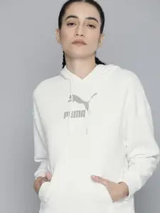 Puma Women White Printed Brand Love Metallic Hoodie Sweatshirt