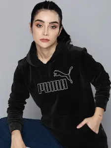Puma Women Brand Logo Embroidered Essential Velour Hooded Regular Fit Sweatshirt
