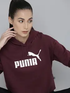 Puma Women Maroon Essential Cropped Logo Printed Hooded Sweatshirt