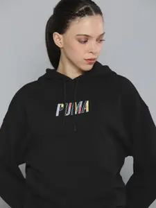 Puma Women Black Graphic Embroidered Hooded Sweatshirt