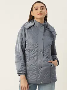 Monte Carlo Women Grey Solid Padded Jacket With Detachable Hood