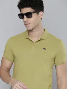 Levis Men Green Self Design Polo Collar Pure Cotton T-shirt