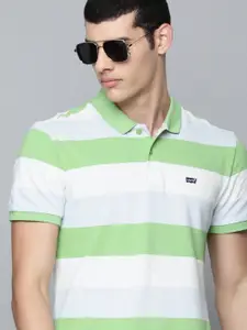 Levis Men Green & White Striped Polo Collar Pure Cotton T-shirt
