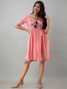 Sangria Pink & Blue Embroidered Fit & Flare Dress