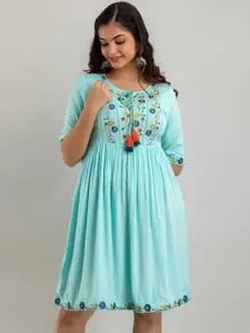 Sangria Sea Green Floral Embroidered Tie-Up Neck Dress