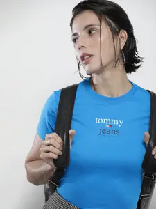 Tommy Hilfiger Women Blue Brand Logo Slim Fit T-shirt