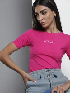 Tommy Hilfiger Women Pink & White Brand Logo Printed Slim Fit T-shirt
