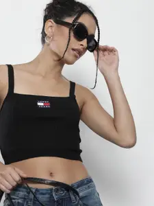 Tommy Hilfiger Women Black Ribbed Fitted Crop Top