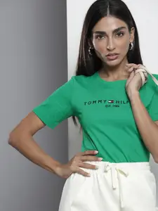 Tommy Hilfiger Women Green Brand Logo Pure Cotton Slim Fit T-shirt