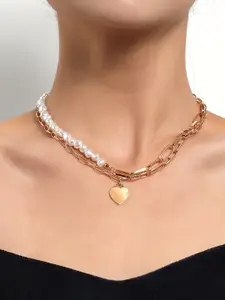 Yellow Chimes White Gold-Plated Pearl Studded Layered Heart Shaped Necklace