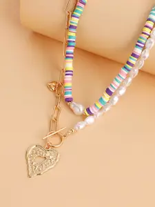 Unwind by Yellow Chimes White & Gold-Toned Layered Heart charmed Necklace