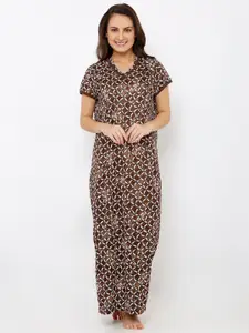 Pretty Awesome Pretty Awesome Women Brown Printed Maternity Feeding Maxi Nightdress