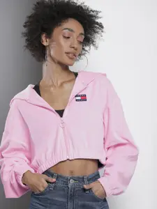 Tommy Hilfiger Women Pink Solid Cropped Hooded Sweatshirt with Brand Logo Embroidered