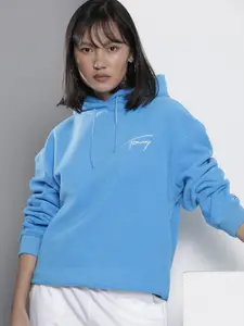 Tommy Hilfiger Women Blue Brand Logo Embroidered Hooded Sweatshirt