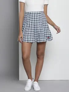 Tommy Hilfiger White Gingham Checks Pleated Flared Pure Cotton A-Line Mini Skirt