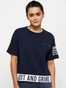 max Women Navy Blue Typography Printed Cotton T-shirt