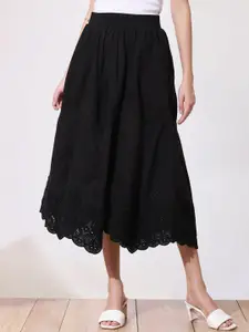 Lakshita Women Black Embroidered Cotton A-line Midi Skirt