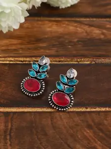 VENI Pink & Blue Stone Studded Contemporary Drop Earrings