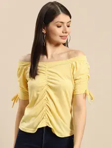 HILL STREET Women Yellow Solid Ruched Pure Cotton Off-Shoulder Top