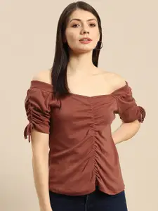 HILL STREET Women Brown Ruched Pure Cotton Off-Shoulder Top
