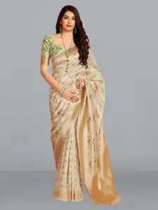 MONJOLIKA FASHION White & Green Woven Design Zari Silk Blend Banarasi Saree