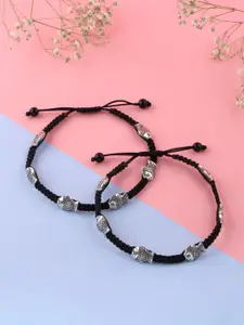 VIRAASI Pack Of 2 Silver Toned & Black Beaded Designed Adjustable Anklet