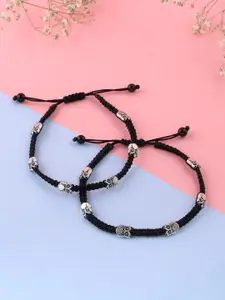 VIRAASI Women Set Of 2 Silver-Toned & Black Beaded Anklet