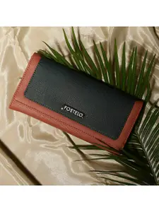 Fostelo Women Tan & Green Abstract Textured PU Three Fold Wallet