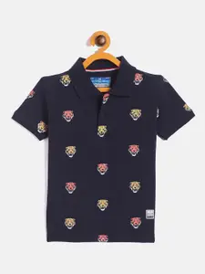 Duke Boys Navy Blue Printed Polo Collar Slim Fit T-shirt