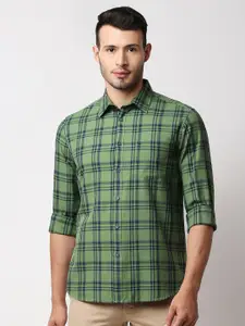 Basics Men Green Slim Fit Tartan Checked Cotton Casual Shirt