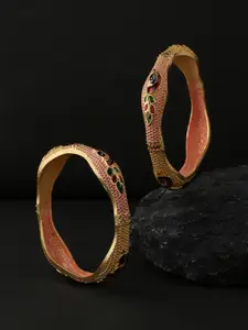 VIRAASI Set Of 2 Gold-Plated Red & Green Stone-Studded Peacock Design Enameled Bangles