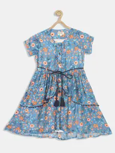 Bella Moda Girls Blue Floral Layered  Fit & Flare Cotton Floral Print Casual Wear Dress